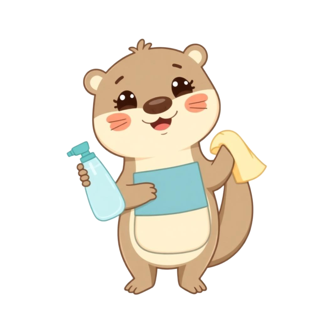 Sparkle the otter mascot holding a spray bottle and cloth