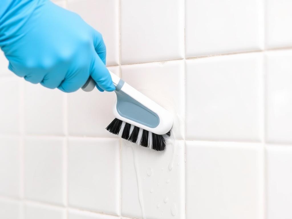 Gloved hand scrubbing sparkling white bathroom tile grout during a Tri-Cities deep cleaning