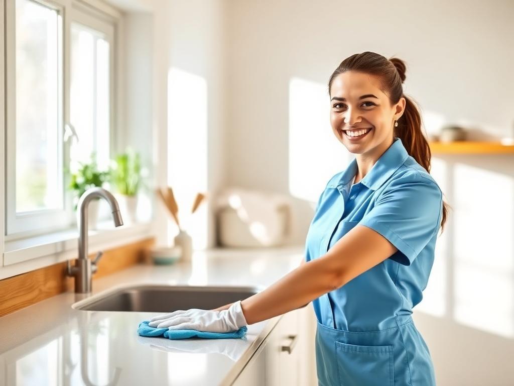 Tri-Cities Sparkle Clean cleaner wiping down a bright kitchen counter in a Kennewick home